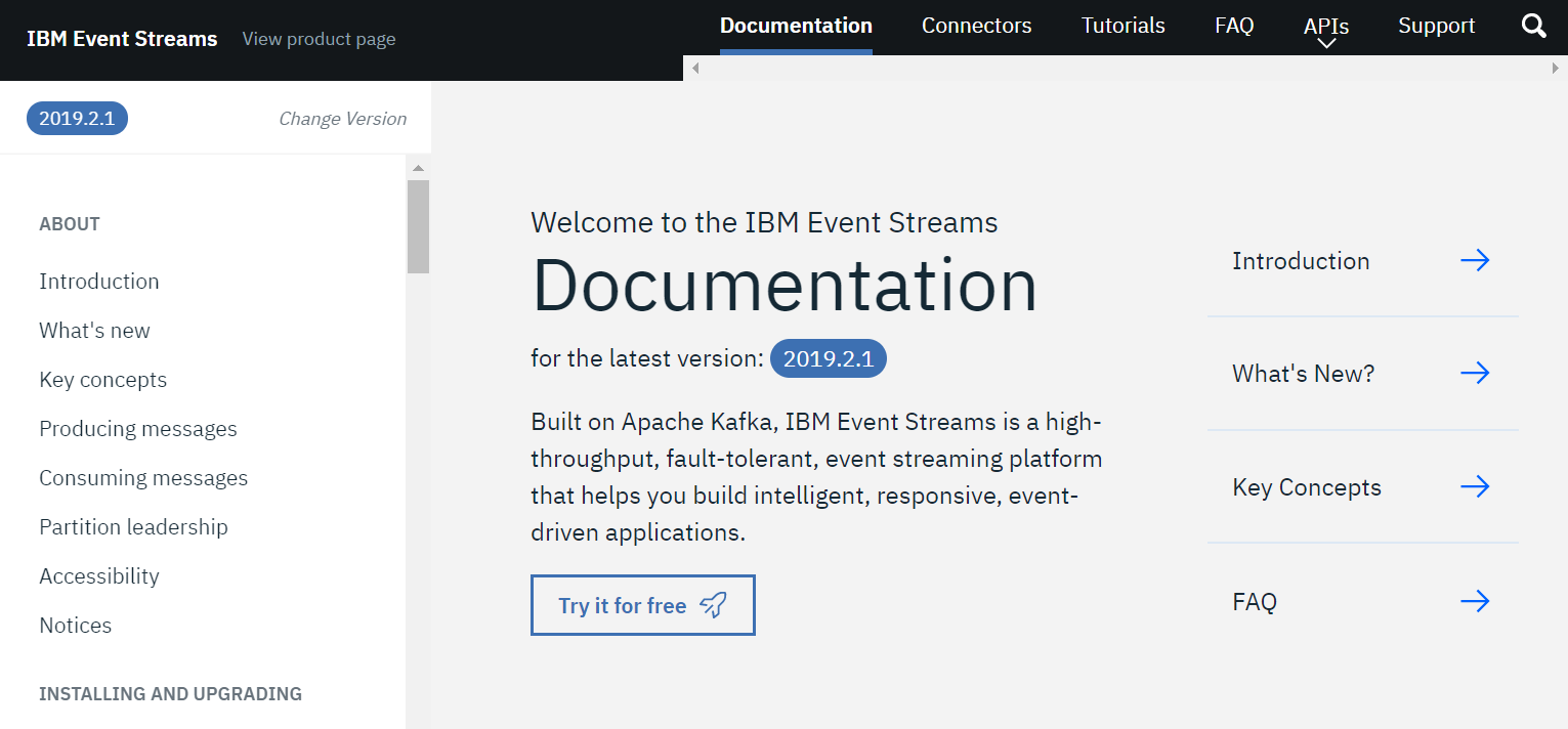 Screenshot of IBM Event Streams documentation home page